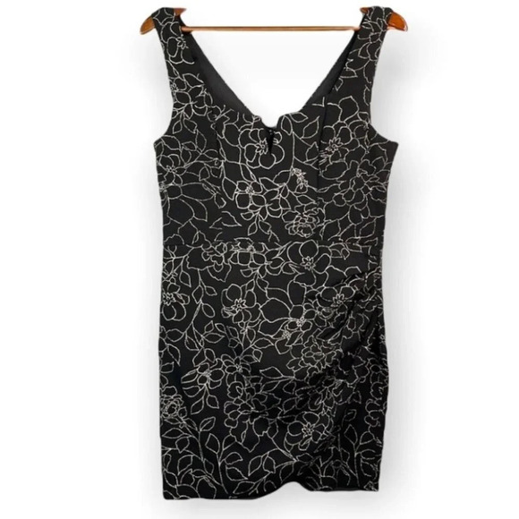TRIXXI Metallic Mini Dress Black Floral Print Split V-neck Ruched Size XL - Picture 2 of 13